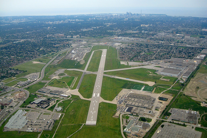 An aerial shot of Toronto’s Downsview Airport, where the Downsview Aerospace & Innovation Research hub is based. Canadian aerospace company Bombardier has announced it will invest $1.5 million over five years to fund core research at an “aeromaterials research centre” at Downsview, in partnership with U of T Engineering and other institutions. (Photo by Rene Beignet via Flickr)