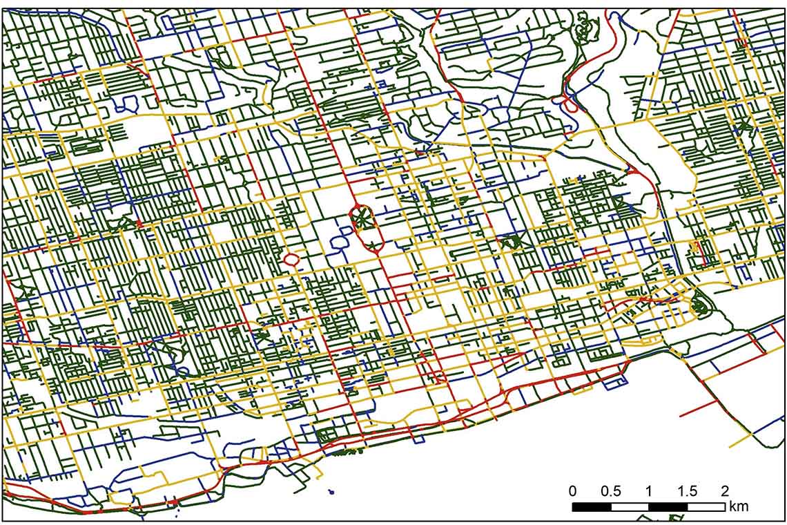 A map of downtown Toronto that depicts the network level of traffic stress calculated for individual street segments (image via Journal of Transport Geography)