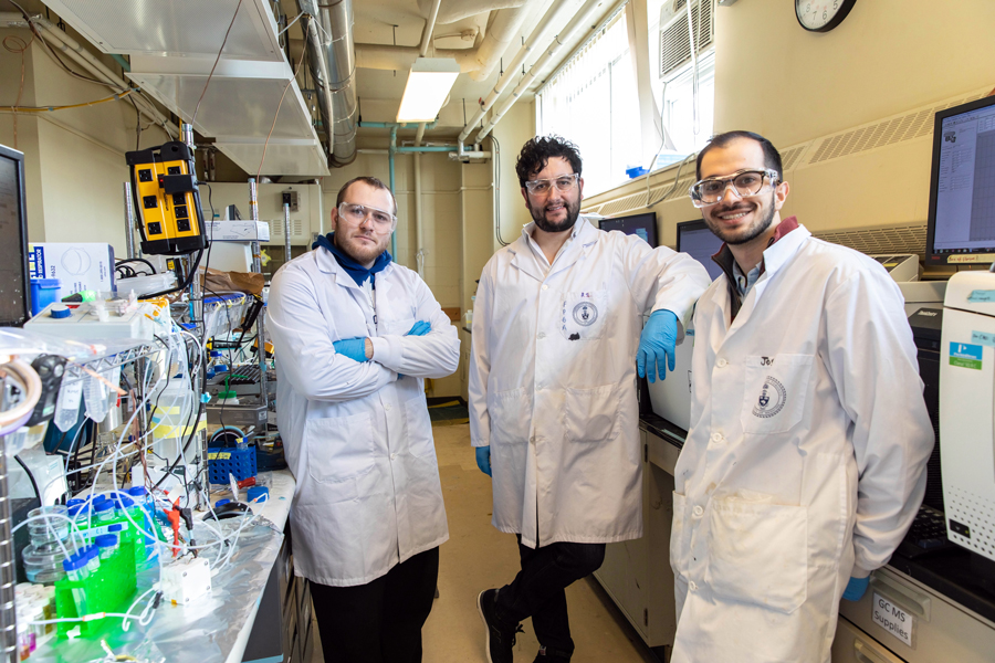 Left to right: Adnan Ozden (MIE PhD candidate), F. Pelayo García de Arquer (ECE postdoctoral fellow) and Joshua Wicks (ECE PhD candidate). (Photo: Daria Perevezentsev)