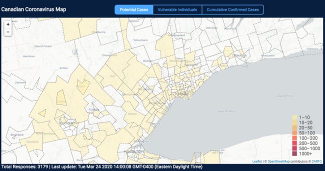 FLATTEN.ca is an online tool built by a team of volunteers, including U of T Engineering students. It uses self-reporting to create a heatmap of potential COVID-19 cases across the GTA. (Image courtesy FLATTEN.ca)