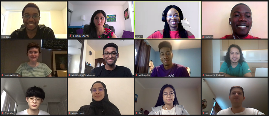 Students and staff from three InVEST projects participating in an intercultural learning session held July 16, 2020. Left to right, top to bottom: Tobi Edun, Professor Elham Marzi, Anuli Ndubuisi, Malama, Laura Williams, Mohamed Mbarouk, Matt Jagdeo, Sampanna Bhattarai, Chao Wang, Maryam Naqi, Rayni Li, Ali Khan, Carlos Qixiao, Jenny Li. (Photo courtesy Elham Marzi)