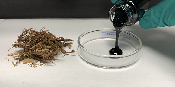 Made from oil extracted from bark and mixed with CO2, this cyclic carbonate is a precursor for polyurethane, a common form of plastic with a wide range of everyday uses. This route to polyurethane production avoids the use of isocyanate, a toxic substance. (Photo: Dr. Heyu Chen)