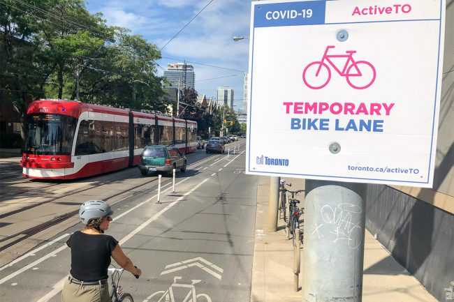 A study by U of T Engineering researchers found Toronto's temporary cycling infrastructure increased low-stress road access to jobs and food stores by between 10 and 20 per cent, and access to parks by 6.3 per cent (photo by Dylan Passmore)