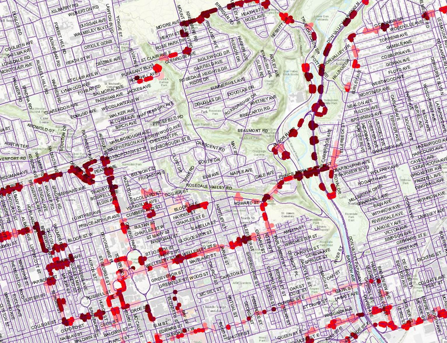 An example of UrbanScanner data, overlaid with a City of Toronto street map. The colour of the red dots reflects the levels of air pollutants. (Image: Arman Ganji)