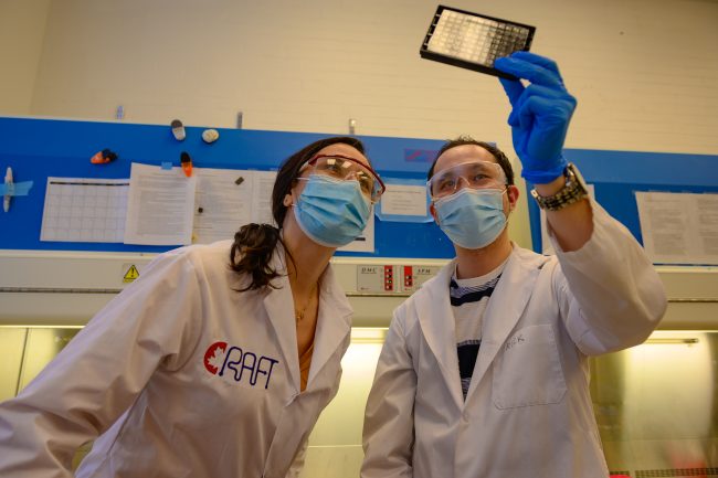 Professor Milica Radisic (BME, ChemE) and Rick Lu (BME PhD candidate) observe the InVADE system (Photo: Jennifer Kieda)