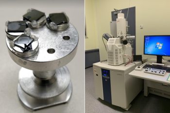 On the left: A scanning electron microscope (SEM) plate holding microplastic samples; on the right: the SEM used for the project, right