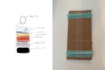 An illustration is next to a photo of a cardboard loom 