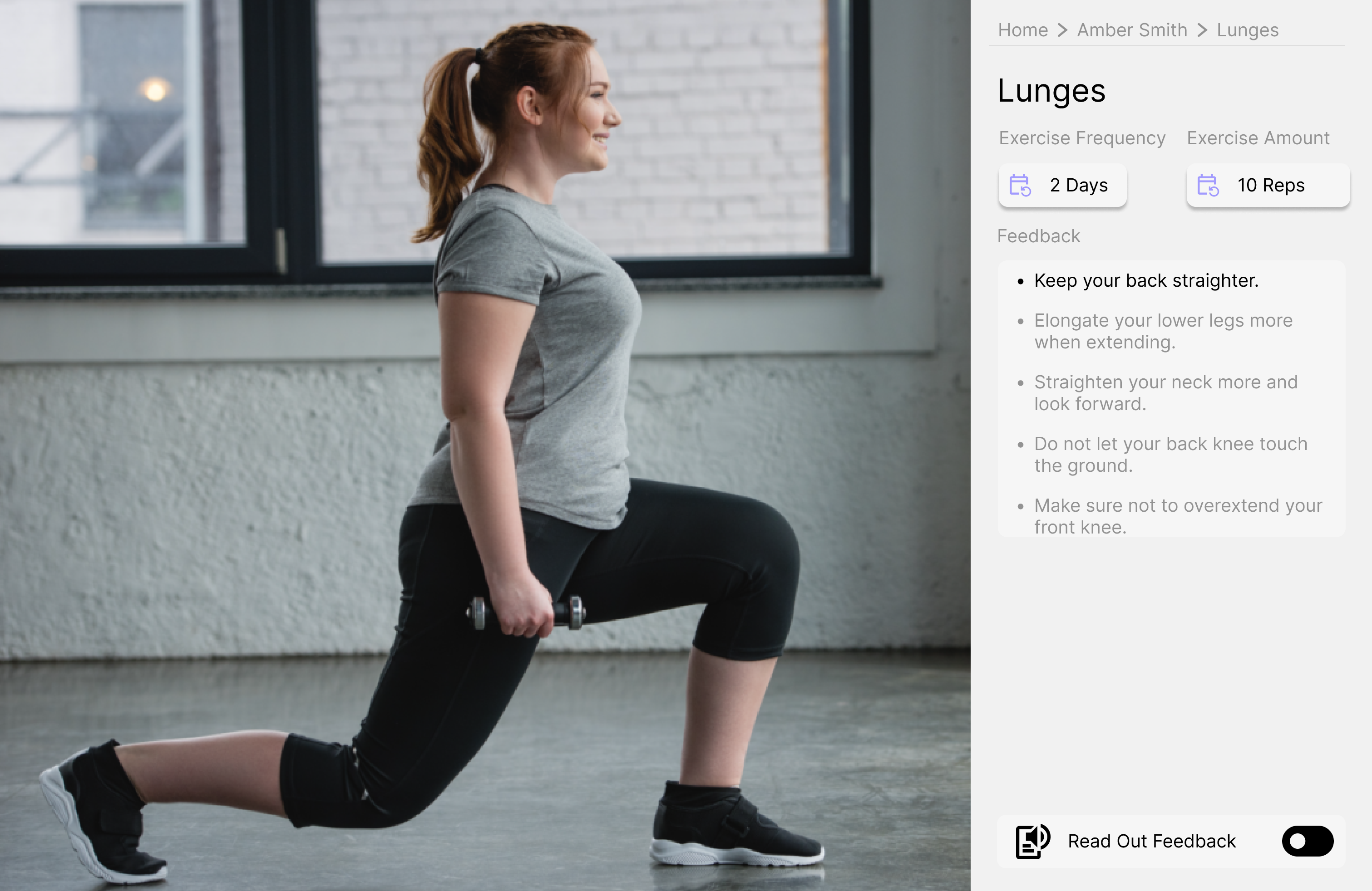 A woman lunges with small weights next to description of exercise
