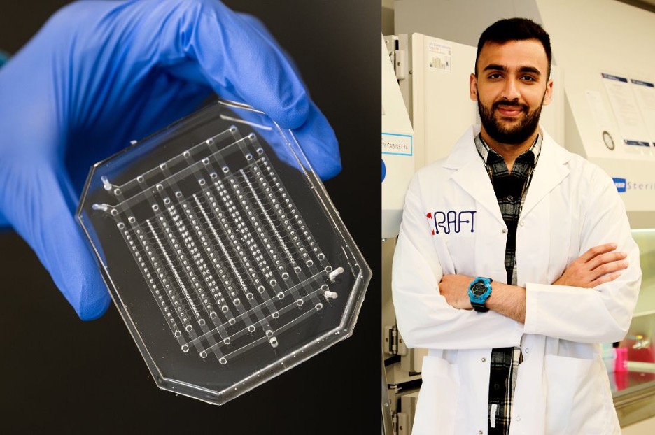 Left: blue-gloved hand holds device; Right: man in lab coat smiles with arms crossed