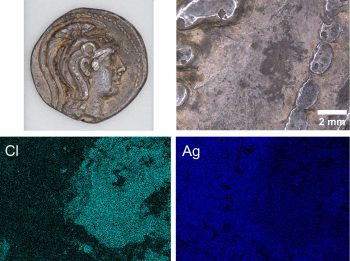 A four-panel collage featuring an image of ancient Greek coin that was analyzed, an image of the coin viewed under an optical microscope and two SEM-EDS maps of the coin. The maps suggest silver chloride is the corrosive product.