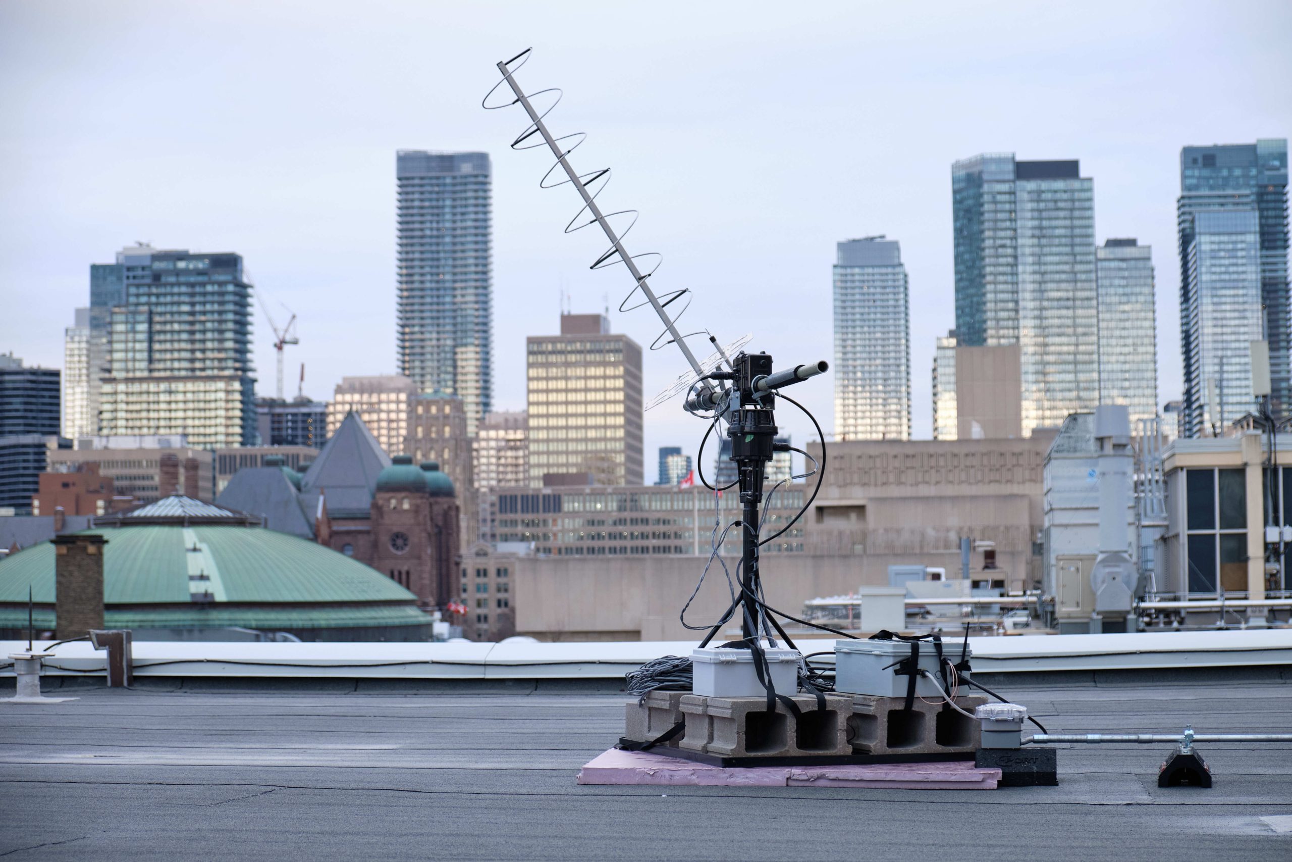 The HERON satellite is seen on the rooftop of Bahen Centre, which is the location of its Ground Station.