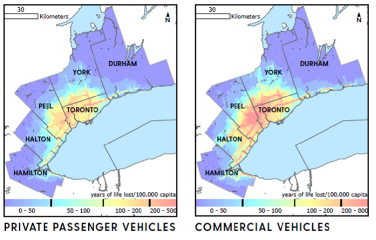 Two maps of the Greater Toronto Area outlining the impact of commercial vehicles in comparison to passenger vehicles.