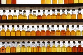 Rows of maple syrup in glass bottles lined up neatly on shelves, in different hues of amber.