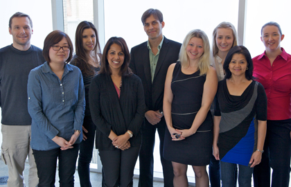 Members of the Engineering Science team. From left to right: Jason Foster, Hana Lee, Anne Marie Kwan, Gina John, Mark Kortschot, Lisa Romkey, Erin Macnab, Maria Abrantes, Sarah Steed. Not pictured are Associate Chairs Jim Davis and Costas Sarris. Photo by Katherine Carney.