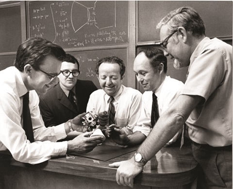 From left to right: Phil Sullivan, Rod Tennyson, Irving Glass, Barry French, and Ben Etkin. After completing his PhD, Tennyson joined the academic staff at UTIAS, where he and a small group of colleagues performed critical calculations – without the aid of computers – that helped NASA bring the Apollo 13 astronauts back safely to Earth after their spacecraft was crippled by an oxygen tank explosion.