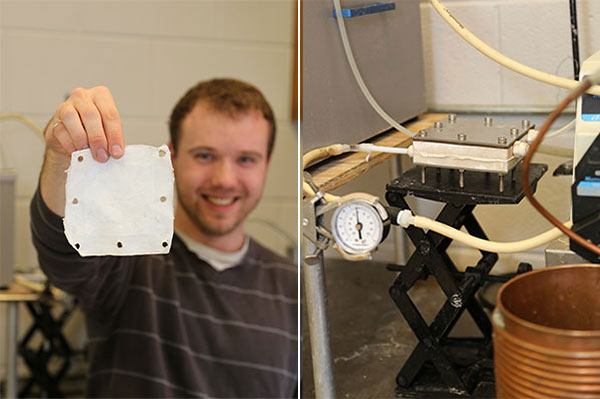 MASc candidate Michael Blain displays the nanofibre membrane used for the distillation system. In the apparatus (right) water flows on one side of the membrane and vapour flows on the other. The vapour is condensed into pure, clean water. (Photo: Tyler Irving)