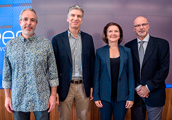 Professor Brendan Frey (ECE), U of T Engineering alumnus and CEO of Jupiter Networks Rami Rahim, Dean Cristina Amon and ECE Chair Professor Farid Najm. (Credit: Carlos Fogel).