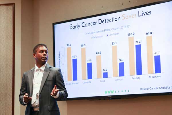At Hatchery Demo Day, Ricardo Harripaul, co-founder of Enrich Biosciences, explain how his company’s new diagnostic test could help detect cancer earlier, when chances of survival are greatest. (Photo: Roberta Baker)