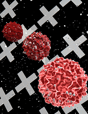This illustration depicts magnetic nanoparticles binding to proteins expressed on the surface of circulating tumour cells. (Credit: Ella Marushchenko).