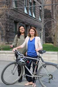 Sabreena Anowar (CivE PhD candidate, left) and Professor Marianne Hatzopoulou (CivE, right) are studying ways to protect cyclists from exposure to pollution. (Photo: Tyler Irving)