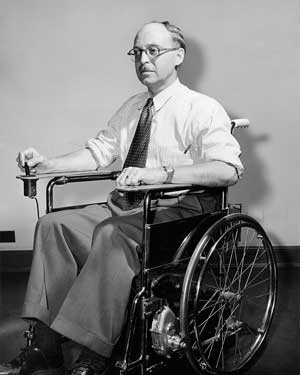 George Klein in the electric wheelchair he helped design. Photo courtesy National Research Council of Canada.