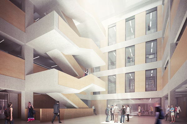 The atrium spans the top four levels of the Myhal Centre for Engineering Innovation & Entrepreneurship. (Image courtesy Montgomery Sisam Architects & Feilden Clegg Bradley Studios