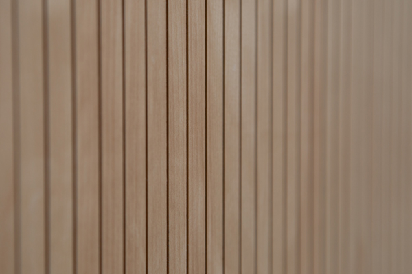 Baltic birch paneling on the outside of the Lee & Margaret Lau auditorium, which occupies the first and second floors. (Photo: Laura Pedersen)