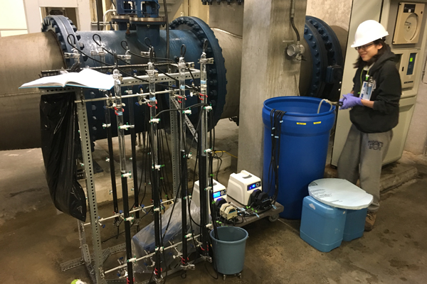 Zhjie Nie (CivE MASc candidate) takes a sample at a Toronto-area drinking water treatment plant. The Drinking Water Research Group maintains strong partnerships with industry and government, enabling students to gain valuable experience in a professional setting. (Photo: Ron Hofmann)