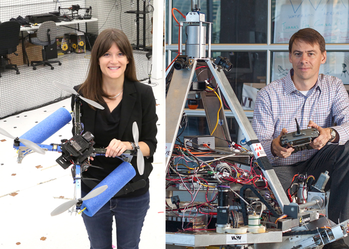 Professor Angela Schoellig (left) and Steven Waslander (both UTIAS) are at the forefront of NSERC Canadian Robotics Network that aims to advance Canada's role as a global leader in the field. (Credits from left: Tyler Irving, courtesy Steven Waslander)