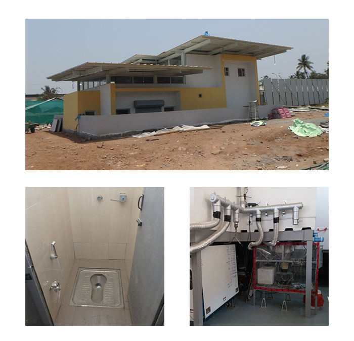 Top: The field test site in Coimbatore, India. Bottom left: The user interface, which appears as a typical squat pan toilet stall. Bottom right: The prototypes installed below the stall to process the waste. (Images courtesy Samoil Vohra)