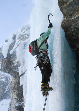 Professor Jane Howe ice climbing in the Ghost River Wilderness Area, near Banff, Alta. (Photo courtesy Jane Howe)