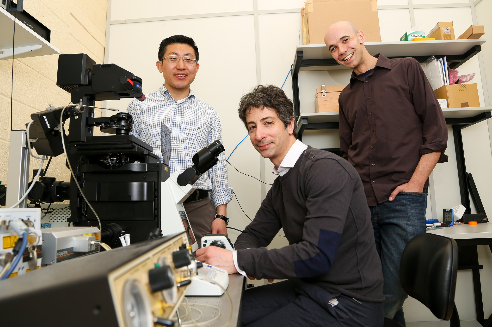 (L-R) Yu Sun (MIE), Sevan Hopyan (SickKids) and Rodrigo Fernandez-Gonzalez (IBBME) have discovered a link between physical forces and the development of limbs in embryos (Photo: Roberta Baker).