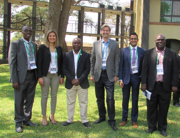 Left to right: Dr. Franco Muleya (The Copperbelt University), Dr. Nadine Ibrahim (CivE postdoctoral researcher), Dr. Innocent Musonda (University of Johannesburg), Professor Murray Metcalfe (MIE), Malik Ismail (EngSci 1T6 + PEY), and Dr. Erastus Mwanaumo (University of Zambia). Ismail visited Zambia to present the results of his Engineering Science thesis project, which inspired him to create Global Engineering Week at U of T Engineering. (Photo: Courtesy Murray Metcalfe)