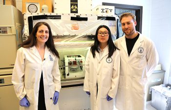 Left to right: Professor Alison McGuigan (ChemE, IBBME), Jody Mou and chemical engineering PhD candidate Darren Rodenhizer. (Photo: Tyler Irving)