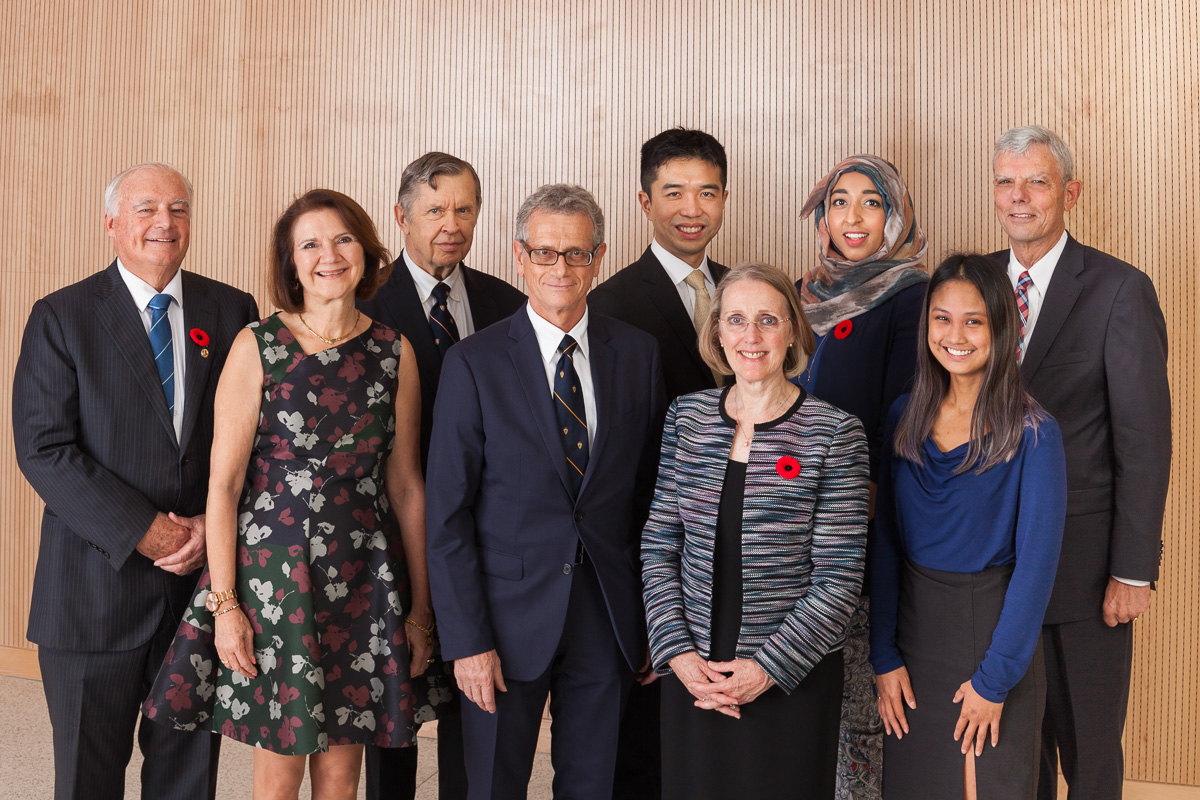 Dean Cristina Amon (second from left) with 2018 EAN Award recipients (L toR:) Larry Seeley, Alfred Aho, Elias Kyriacou, Alfred Mok, Janis Chodas, Huda Idrees, Reena Cabanilla and Bob Howard (Credit:
