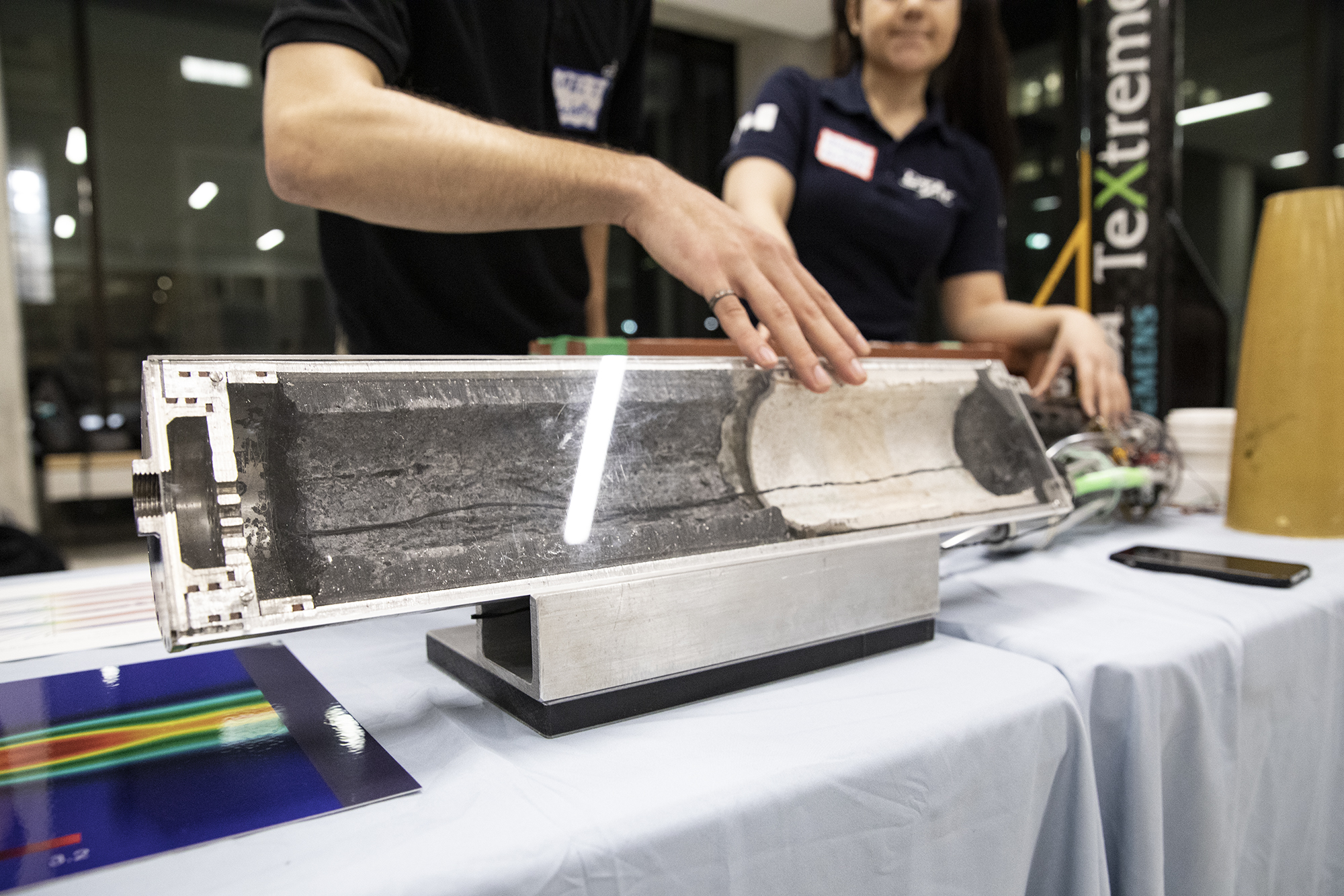 A cross-section of a hybrid engine fuel core lets students visualize the inside of a rocket. (Credit: Erica Rae Chong)