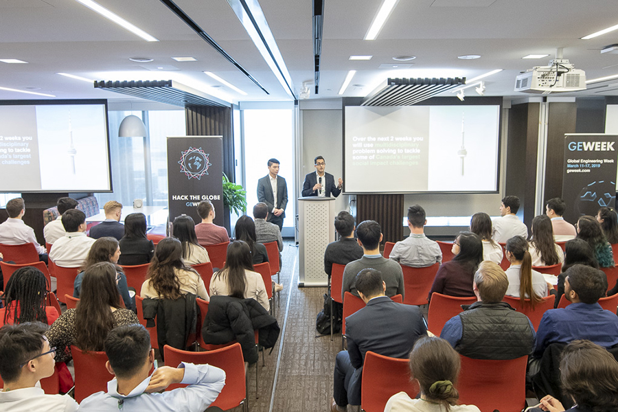 Global Engineering Week founder Malik Ismail kicking off last weekend’s Hack the Globe. (Photo courtesy of Malik Ismail)