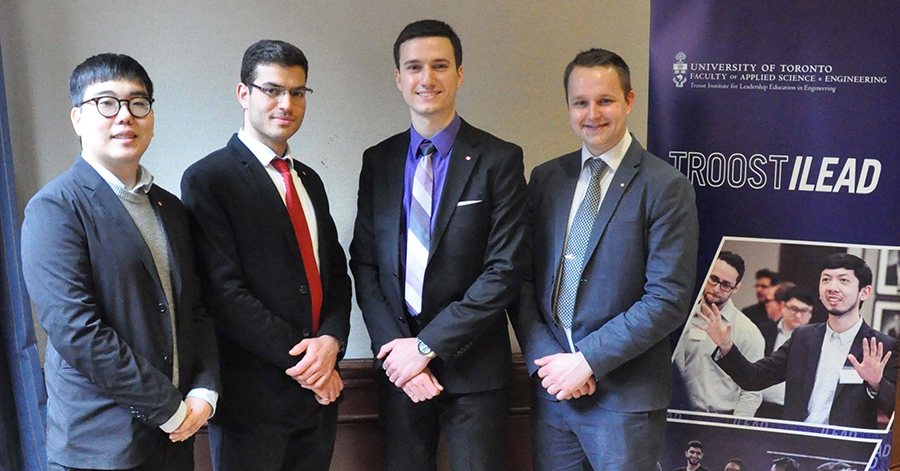 The 2019 Clarke Grand Prize Awardees, left to right: Jiwoo Kim, Tareq Deaibes, Nikola Kostic, and Mark Chaboryk (Photo courtesy of Troost ILead)