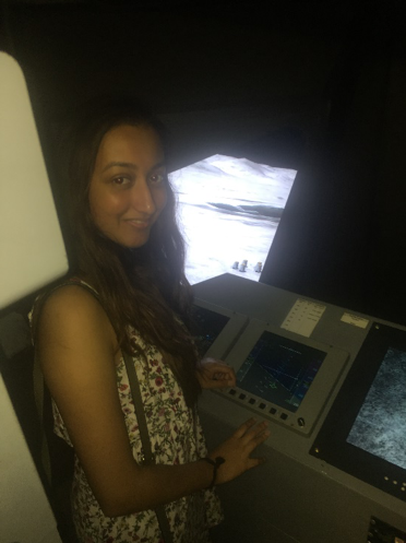 Saanjali inside a vertical-motion simulator used by astronauts. (Photo: Saanjali Maharaj)