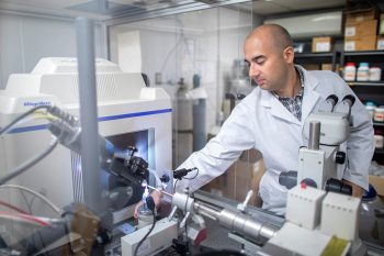 PetePeter Stogios manipulates a protein crystal mounted on an X-ray diffractometer. He and his team are researching a less expensive way of making cell-based meat. (Photo: Nick Iwanyshyn)r Stogios manipulates a protein crystal mounted on an X-ray diffractometer. He and his team are researching a less expensive way of making cell-based meat (photo by Nick Iwanyshyn)