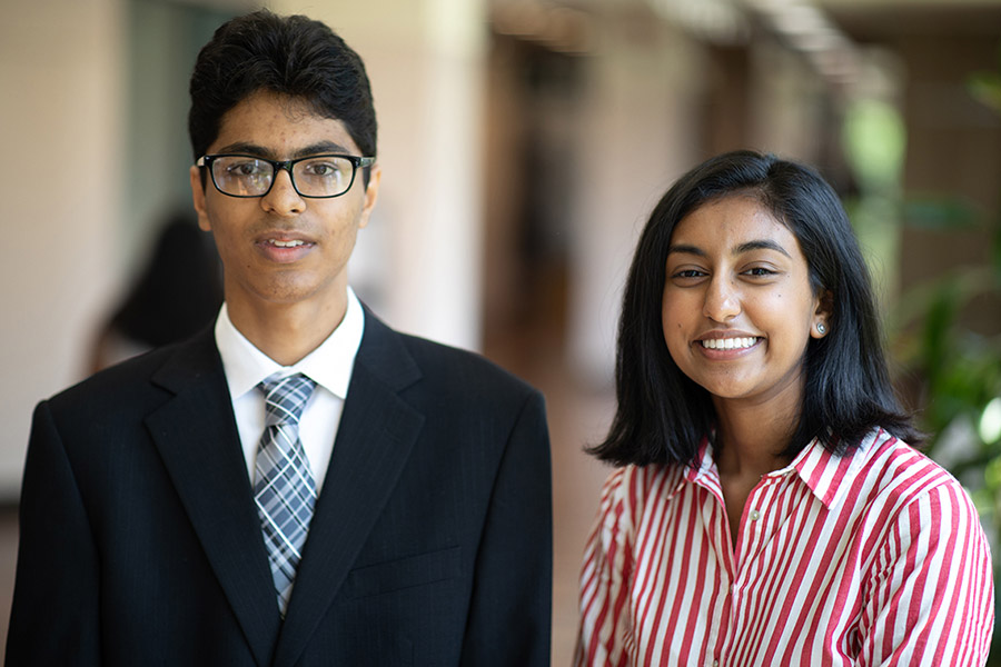 Hshmat Sahak and Khalesah Alli, seen here at a Toronto District School Board news conference for students with 99 per cent averages or higher, start classes at U of T this fall (photo by Lisa Lightbourn)