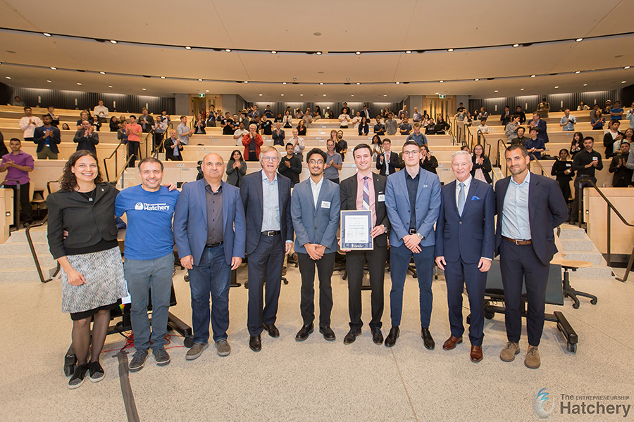 From left: Isi Caulder, Partner, Bereskin & Parr; Joseph Orozco: Executive Director, The Entrepreneurship Hatchery; Naresh Bangia, Entrepreneur & Philanthropist; John MacDonald: Chair of the Board, Parity Inc.; Aeroflux members Roshan Varghese, Nikola Kostic, Stevan Kostic; Bill Buckley, Investment Advisory Board, Pillar Four Capital; and, Som Seif: President & CEO, Purpose Investments. (Photo Ben Ouyang)