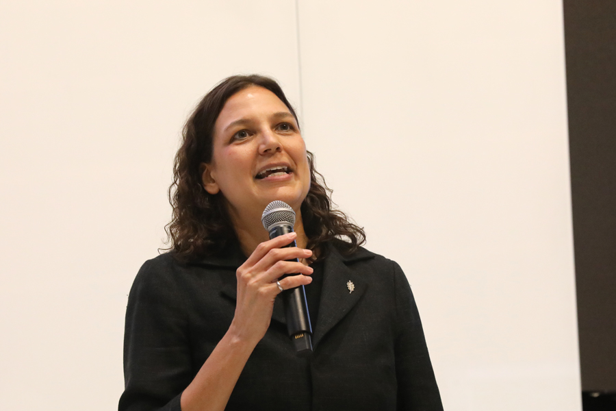 Isi Caulder (EngSci 8T9, ElecE MASc 9T1, LLB 9T5) addresses the crowd at Hatchery Demo Day 2019. Caulder is a partner at Bereskin & Parr, LLP which this year donated $50,000 to support the Hatchery.