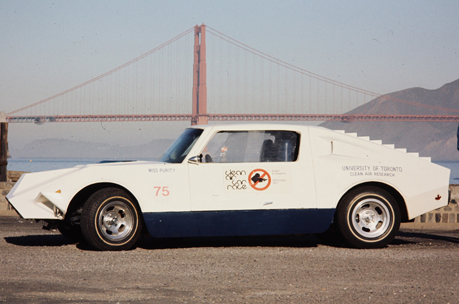 Miss Purity — pictured here next to San Francisco’s Golden Gate Bridge — is a hybrid propane/electric car built by a team of U of T Engineering students for the Clear Air Car Race of 1970. The car is being restored for the 50th anniversary of the race. (Photo courtesy Juri Otsason)