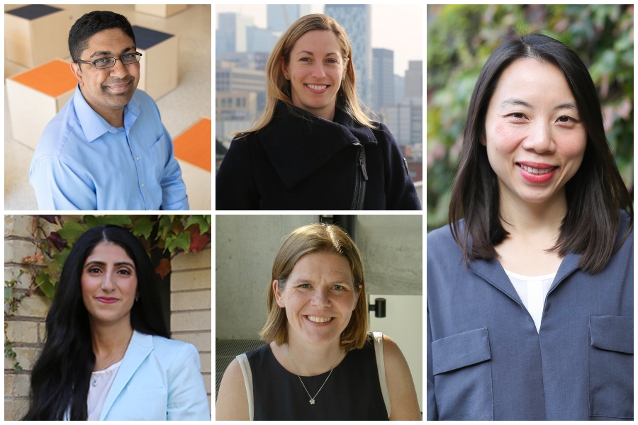 From top left, clockwise: Professors Chirag Variawa (ISTEP), Marianne Touchie (CivMin), Aimy Bazylak (MIE), Natalie Enright Jerger (ECE) and Elham Marzi (ISTEP). (Photos: Laura Pederson, Kevin Soobrian, Neda Demiri and Roberta Baker)