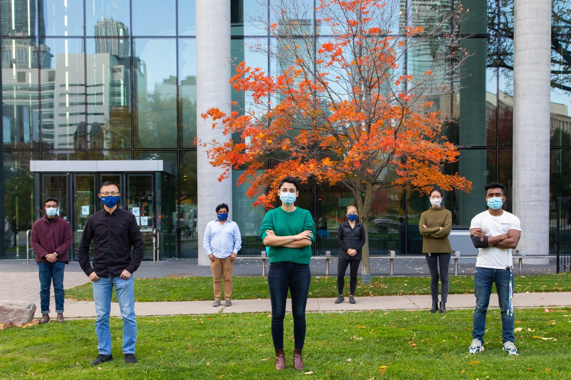 A team of researchers from U of T is creating a rapid COVID-19 test that could produce results in just five minutes. From left: Surath Gomis (ECE), Dingran Chang (Pharmacy), Jagotamoy Das (Pharmacy), Hanie Yousefi (Pharmacy), Professor Shana Kelley (Pharmacy), Jenise Chen (Chemistry) and Alam Mahmud (ECE). (Photo: Daria Pervezentsev) 