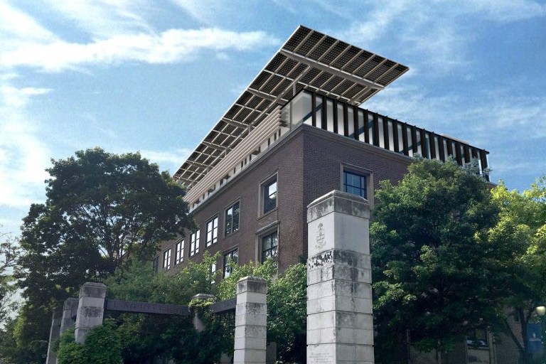 This rendering shows the vision for the Sustainability Lab, a new facility to be constructed on the roof of the Wallberg Building. (Image courtesy Baird Sampson Neuert Architects) 