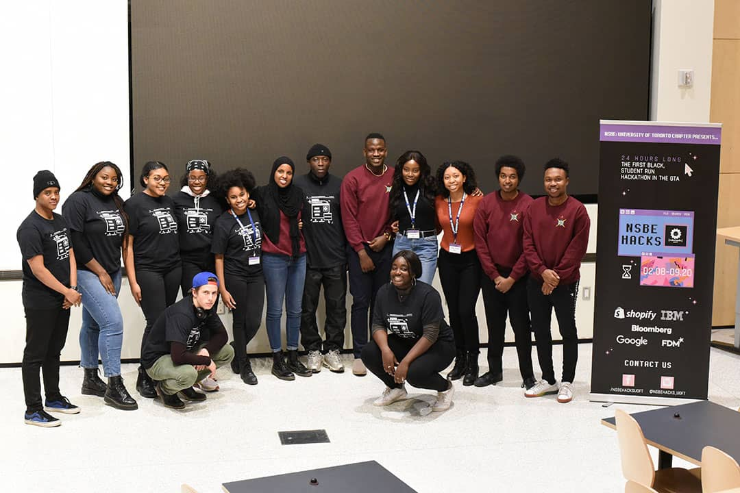 The NSBEHacks 2020 team, many of whom are back to lead NSBEHacks 2021. This year’s student organizers also include Adam Cassie (Year 3 ECE), Rebecca Lashley (Year ECE), Kyra Nankivell (Year 1 IndE) and Boleng Masedi (Year 4 ECE). This photo was taken prior to the COVID-19 pandemic. (Photo courtesy of NSBEHacks) 