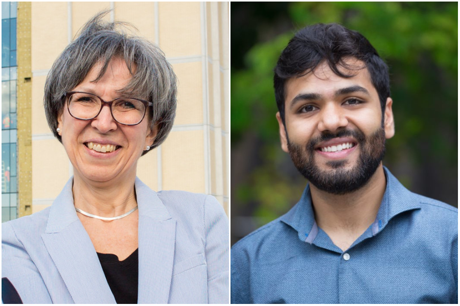 Professor Brenda McCabe (CivMin) and PhD student Kramay Patel (BME MD/PhD candidate) received the Vivek Goel Faculty Citizenship Award and UTAA Graduate Scholar award, respectively. (Photo: Roberta Baker (left) and courtesy of Kramay Patel (right)) 