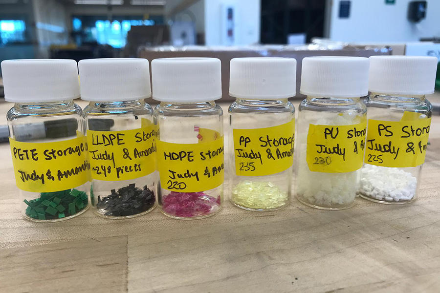 These prepared samples are used as references by Professors Elodie Passeport and Jennifer Drake and their teams, who study the prevalence of microplastics in the environment. They have shown that human-engineered structures known as bioretention cells can be effective at preventing microplastics from getting washed downstream in storm surges. (Photo: Ziting (Judy) Xia)